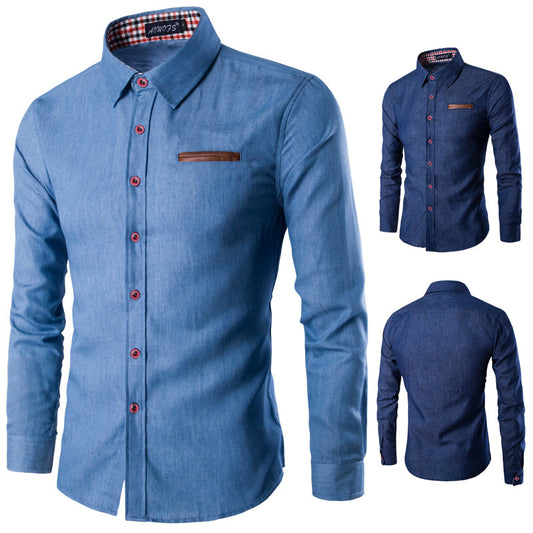 Pocket leather long sleeve denim shirt