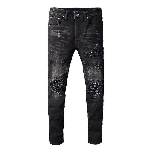 Men's Knee Pleated Black Leather Zipper Jeans