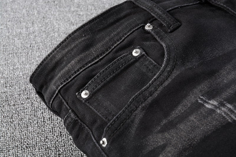 Men's Knee Pleated Black Leather Zipper Jeans