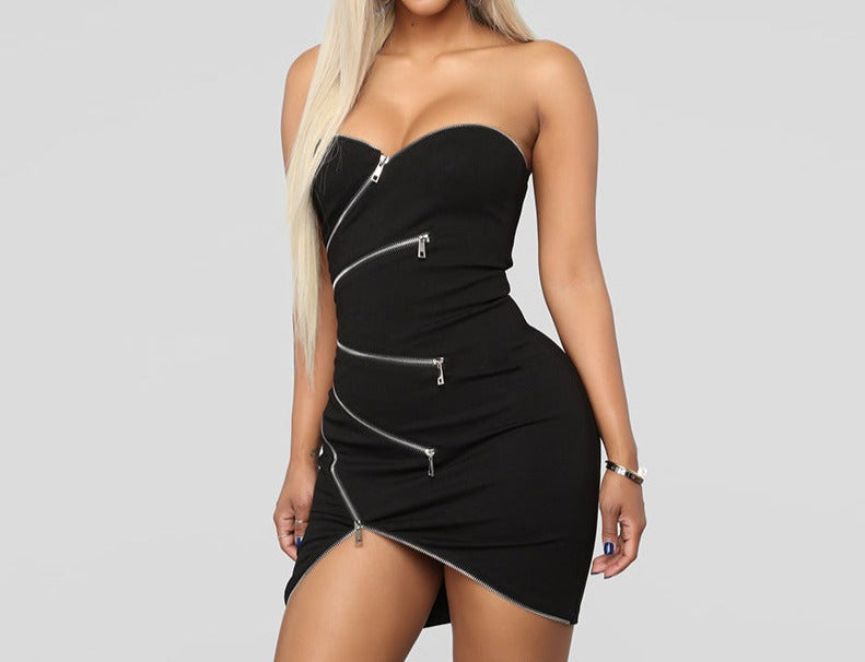 Women's Sexy Tube Top Irregular Zipper Dress